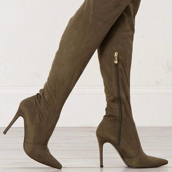 Forever 21 Over-the-Knee Stiletto Platform Olive Brown Boots Size 8 - Picture 1 of 6